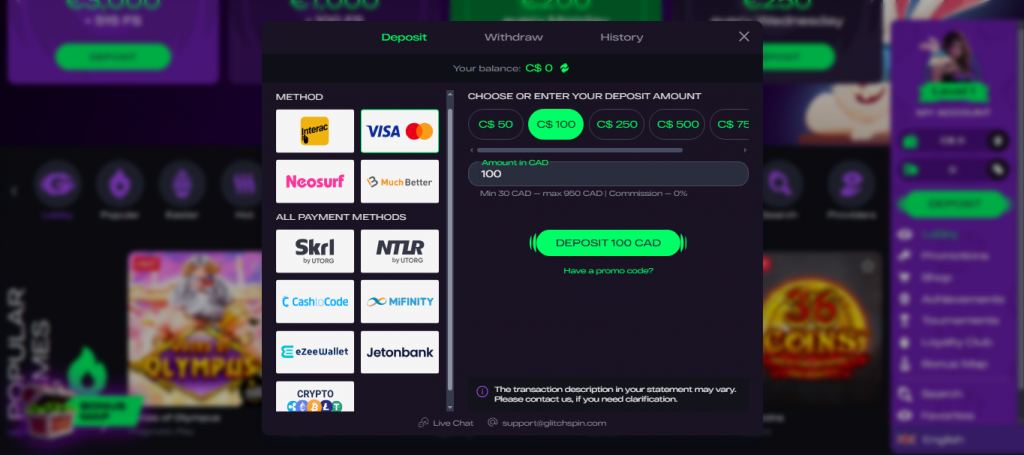 Payment Options at GlitchSpin Casino